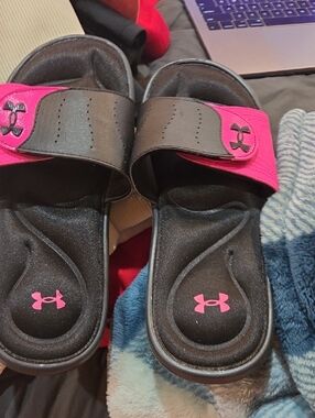 Under Armour Black and Pink Kids' Adjustable Slide Sandals